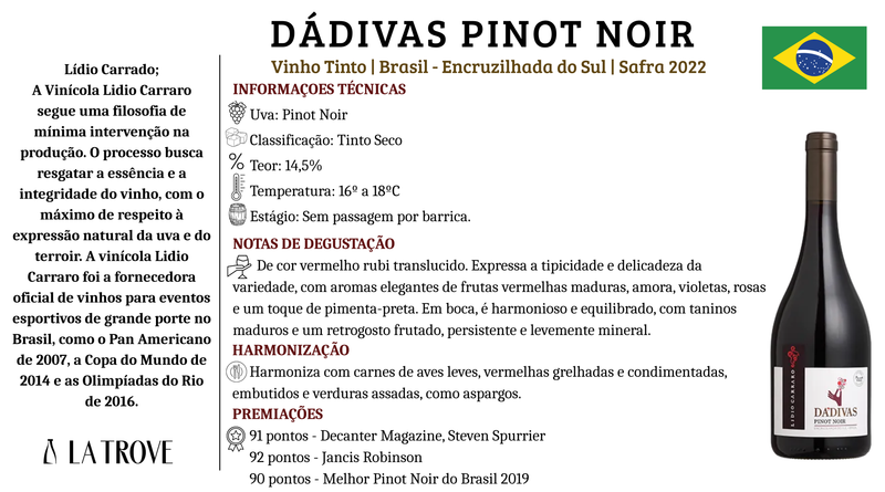 Vinho Tinto Lidio Carraro Dádivas Pinot Noir 2022
