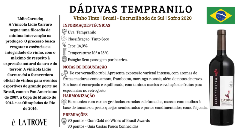 Vinho Tinto Lidio Carraro Dádivas Tempranilo 2020