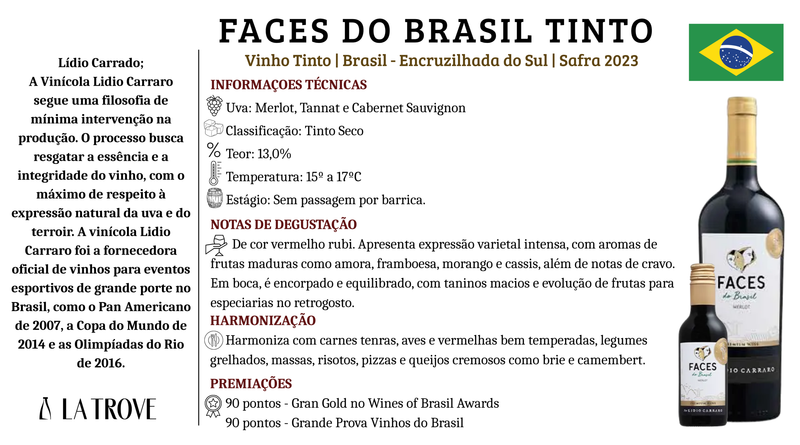 Vinho Tinto Faces do Brasil Lidio Carraro Merlot 2023