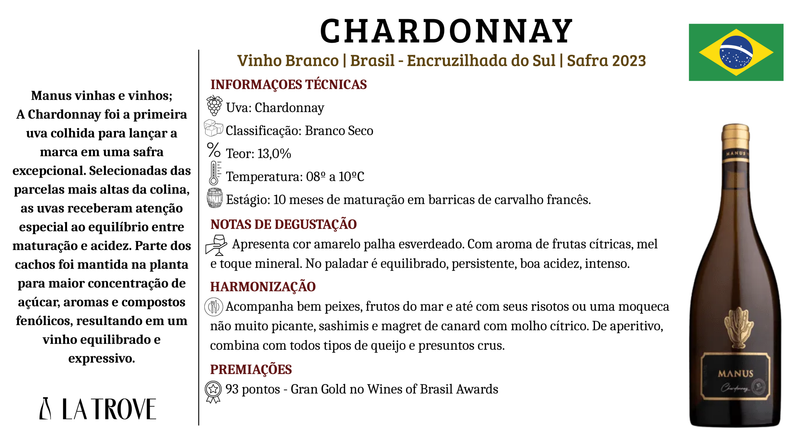 Vinho branco Manus Clássico Chardonnay 2023