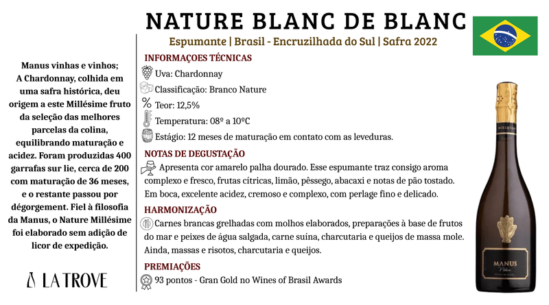 Espumante Manus Clássico Nature Blanc de Blanc 2022
