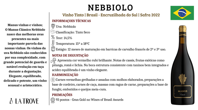 Vinho tinto Manus Clássico Nebbiolo 2022