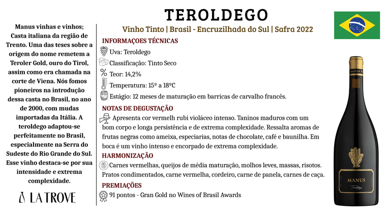 Vinho Tinto Manus Clássico Teroldego 2022