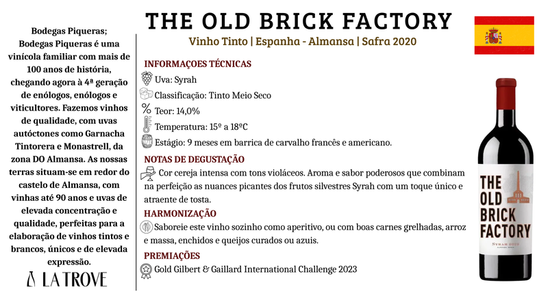 Vinho Tinto Piqueras The Old Brick Factory Syrah 2020
