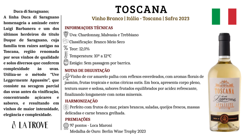 Vinho Branco Duca di Saragnano Toscana da Uve Leggermente Appassite Bianco 2023