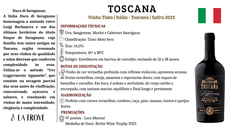 Vinho Tinto Duca di Saragnano Toscana da Uve Leggermente Appassite Rosso 2023