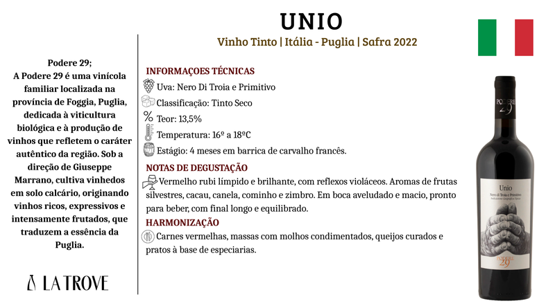 Vinho Tinto Podere 29 UNIO Nero di Troia e Primativo 2020
